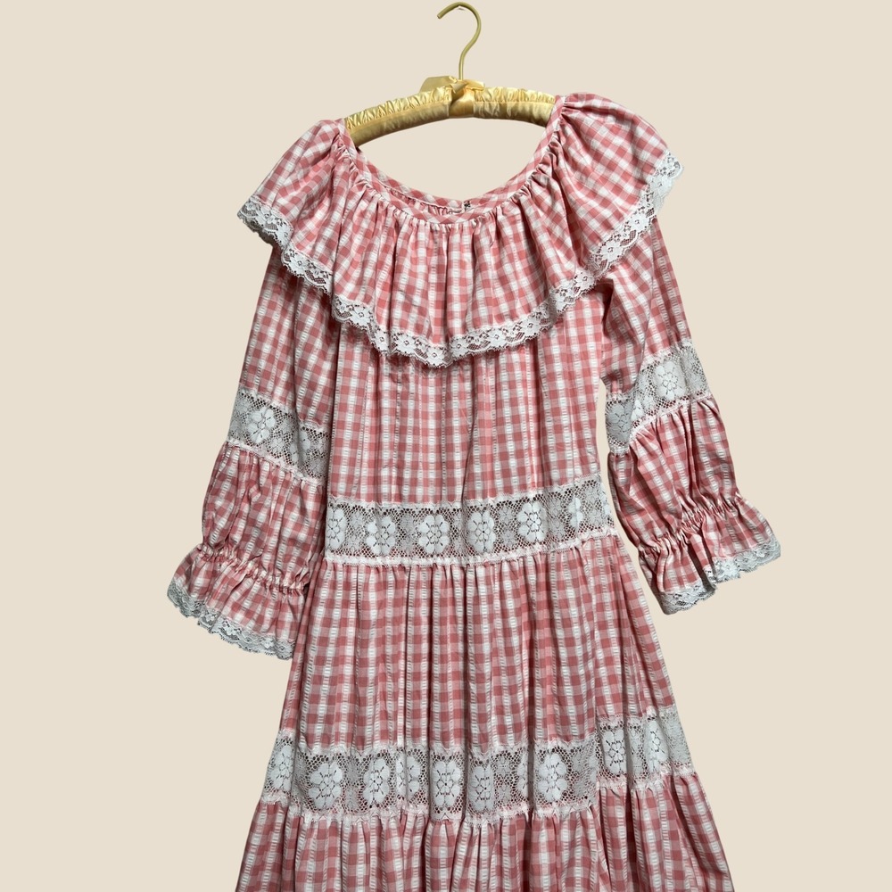 Vintage 70s Prairie Dress Pink Gingham Checkered Lace Trim Maxi Cottagecore S/M - Picture 11 of 11